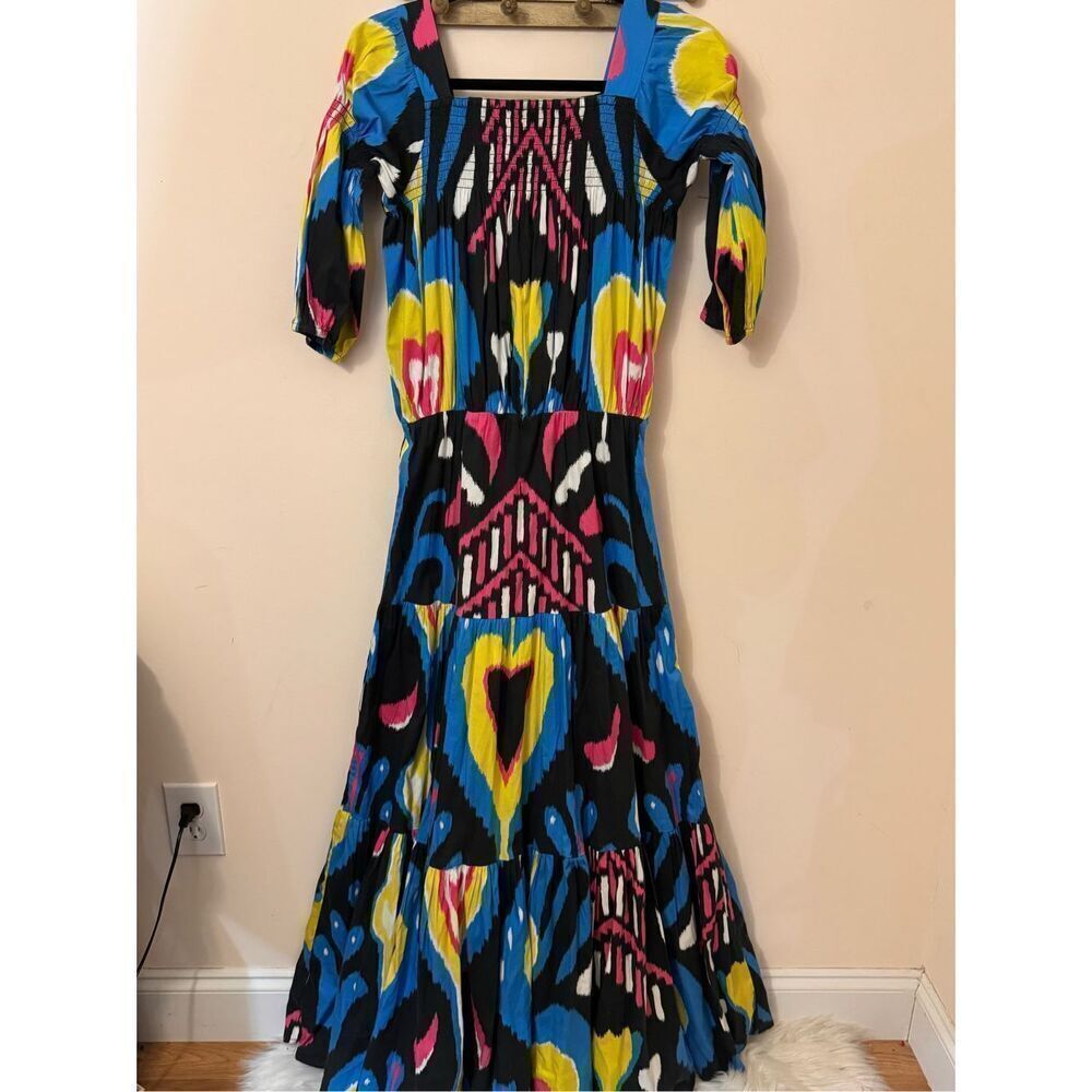 Sheridan French Isabel Black Blue Heart Ikat Tiered Maxi Dress S